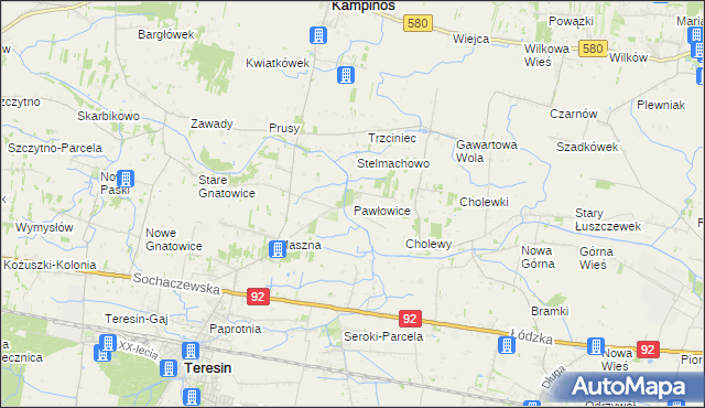mapa Pawłowice gmina Teresin, Pawłowice gmina Teresin na mapie Targeo