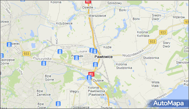 mapa Pawłowice powiat pszczyński, Pawłowice powiat pszczyński na mapie Targeo