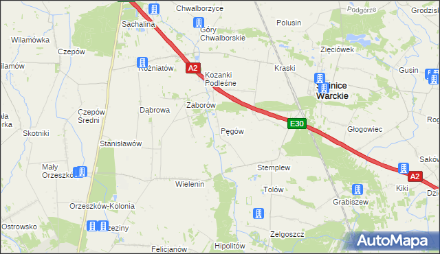 mapa Pęgów gmina Uniejów, Pęgów gmina Uniejów na mapie Targeo