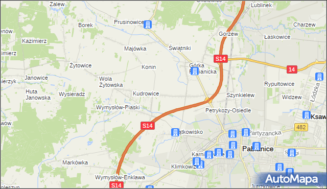 mapa Petrykozy gmina Pabianice, Petrykozy gmina Pabianice na mapie Targeo