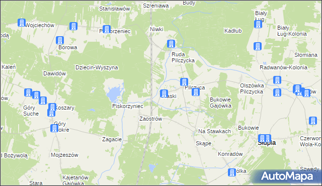 mapa Piaski gmina Słupia Konecka, Piaski gmina Słupia Konecka na mapie Targeo