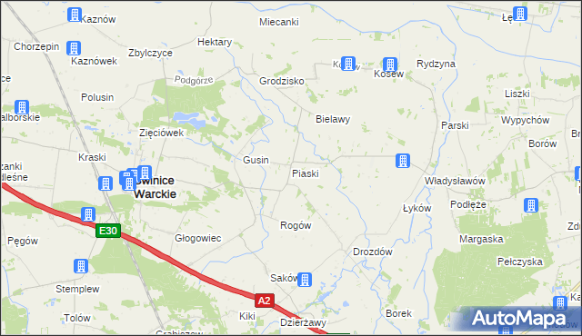 mapa Piaski gmina Świnice Warckie, Piaski gmina Świnice Warckie na mapie Targeo