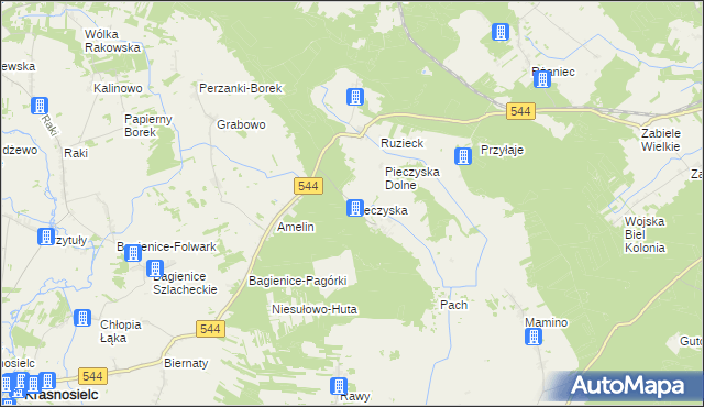 mapa Pieczyska gmina Krasnosielc, Pieczyska gmina Krasnosielc na mapie Targeo