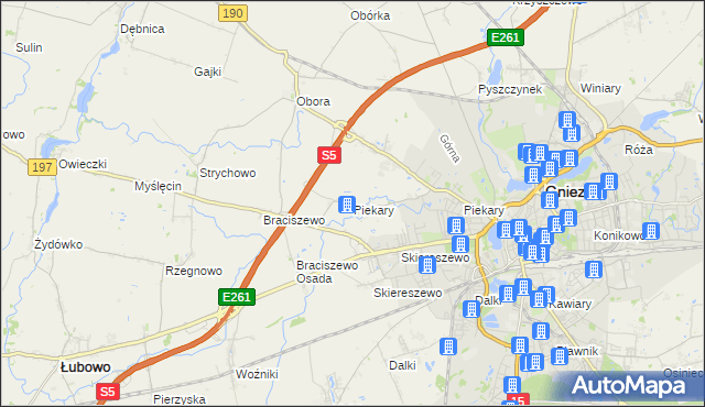 mapa Piekary gmina Gniezno, Piekary gmina Gniezno na mapie Targeo