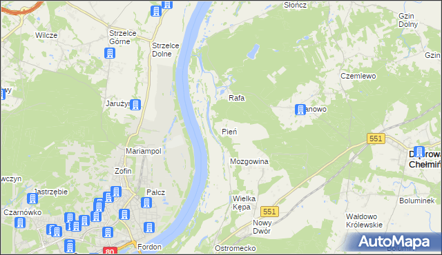 mapa Pień gmina Dąbrowa Chełmińska, Pień gmina Dąbrowa Chełmińska na mapie Targeo