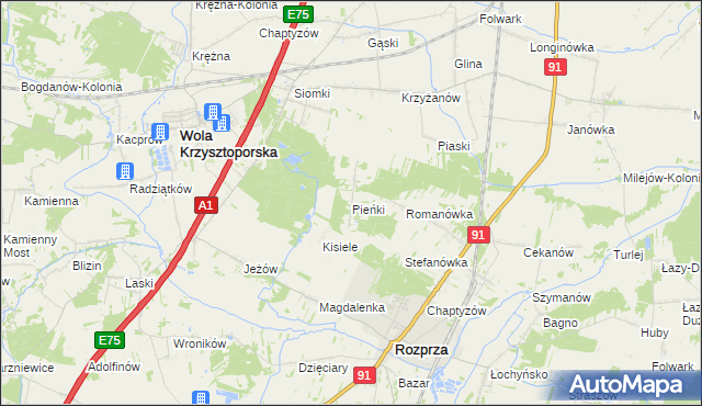 mapa Pieńki gmina Rozprza, Pieńki gmina Rozprza na mapie Targeo