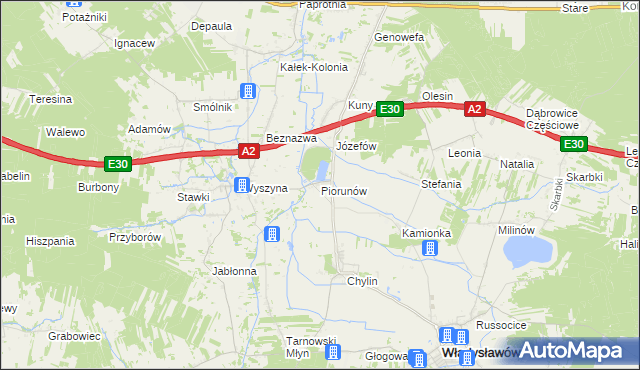 mapa Piorunów gmina Władysławów, Piorunów gmina Władysławów na mapie Targeo