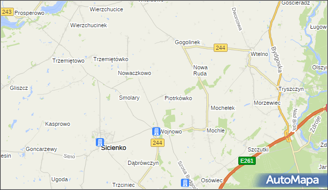 mapa Piotrkówko gmina Sicienko, Piotrkówko gmina Sicienko na mapie Targeo