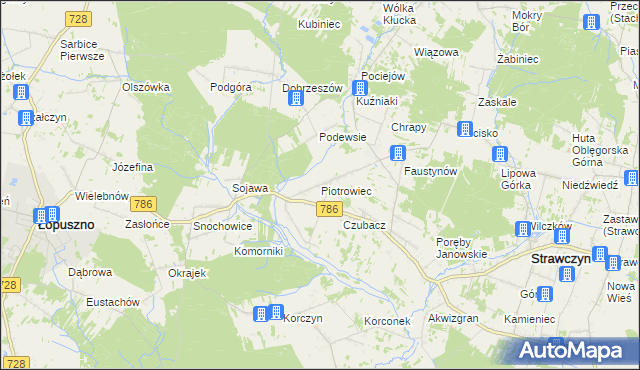 mapa Piotrowiec gmina Łopuszno, Piotrowiec gmina Łopuszno na mapie Targeo