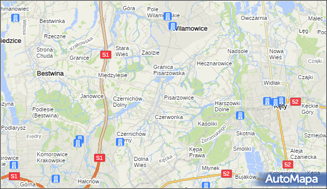 mapa Pisarzowice gmina Wilamowice, Pisarzowice gmina Wilamowice na mapie Targeo