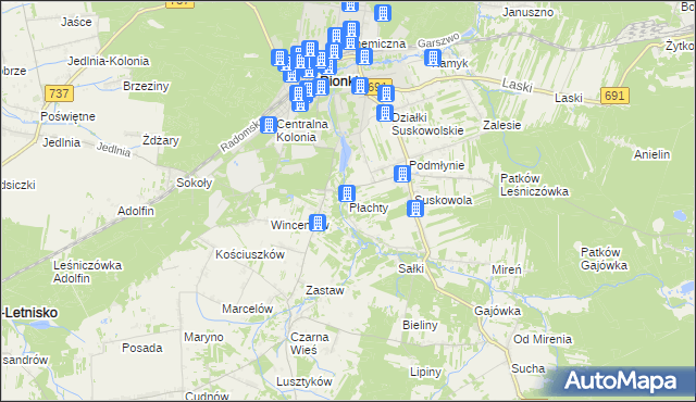 mapa Płachty gmina Pionki, Płachty gmina Pionki na mapie Targeo