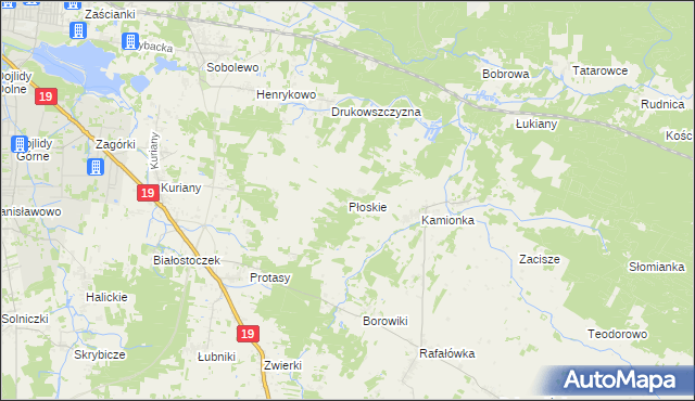 mapa Płoskie gmina Zabłudów, Płoskie gmina Zabłudów na mapie Targeo