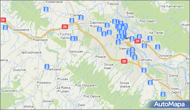 mapa Płowce gmina Sanok, Płowce gmina Sanok na mapie Targeo