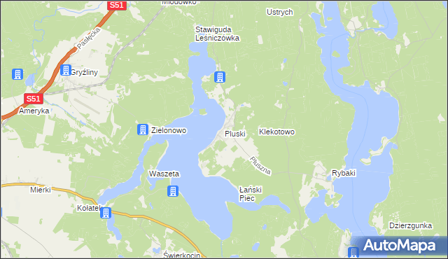 mapa Pluski gmina Stawiguda, Pluski gmina Stawiguda na mapie Targeo
