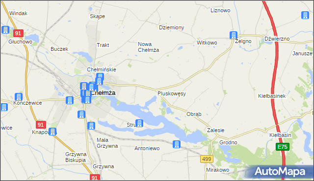 mapa Pluskowęsy gmina Chełmża, Pluskowęsy gmina Chełmża na mapie Targeo
