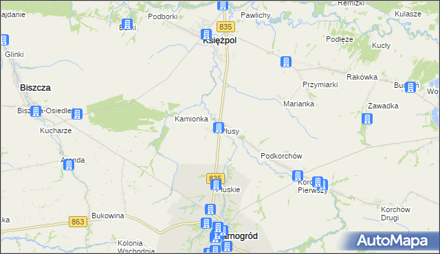 mapa Płusy gmina Księżpol, Płusy gmina Księżpol na mapie Targeo