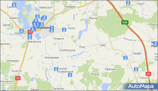 mapa Pluty gmina Myślibórz, Pluty gmina Myślibórz na mapie Targeo