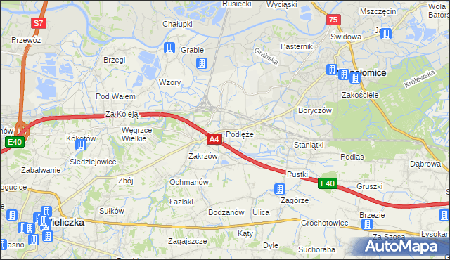 mapa Podłęże gmina Niepołomice, Podłęże gmina Niepołomice na mapie Targeo