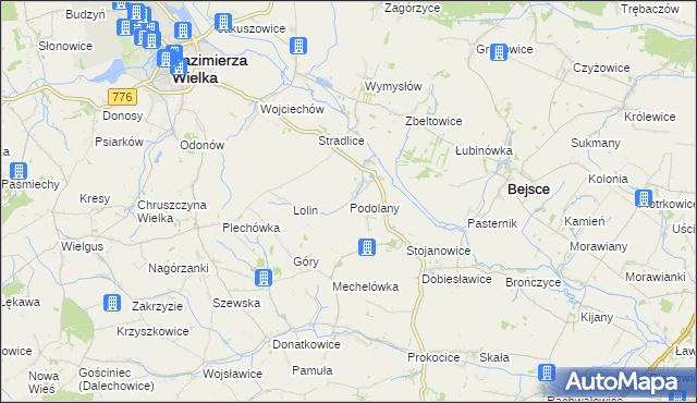 mapa Podolany gmina Kazimierza Wielka, Podolany gmina Kazimierza Wielka na mapie Targeo