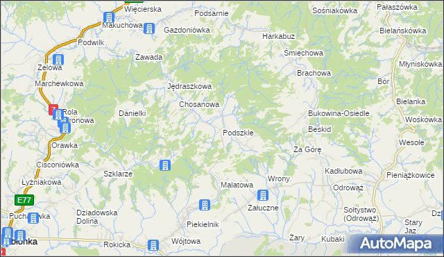 mapa Podszkle gmina Czarny Dunajec, Podszkle gmina Czarny Dunajec na mapie Targeo