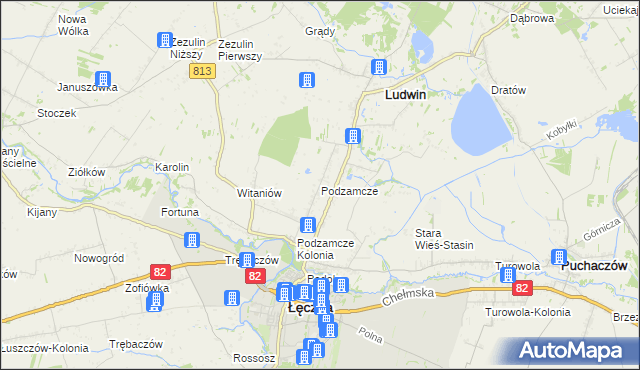 mapa Podzamcze gmina Łęczna, Podzamcze gmina Łęczna na mapie Targeo