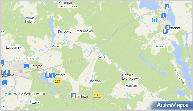 mapa Policko gmina Pszczew, Policko gmina Pszczew na mapie Targeo