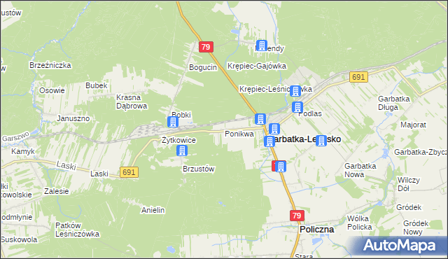 mapa Ponikwa gmina Garbatka-Letnisko, Ponikwa gmina Garbatka-Letnisko na mapie Targeo