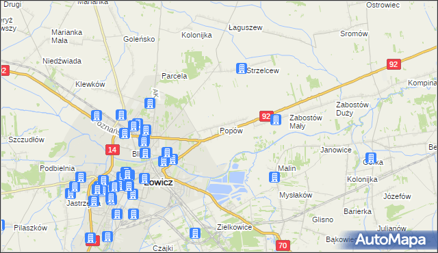 mapa Popów gmina Łowicz, Popów gmina Łowicz na mapie Targeo