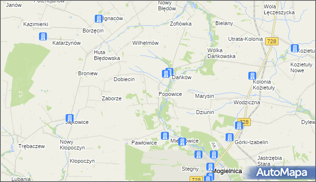 mapa Popowice gmina Mogielnica, Popowice gmina Mogielnica na mapie Targeo