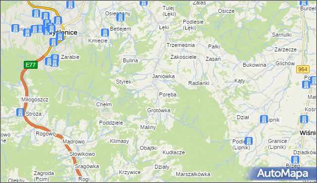 mapa Poręba gmina Myślenice, Poręba gmina Myślenice na mapie Targeo
