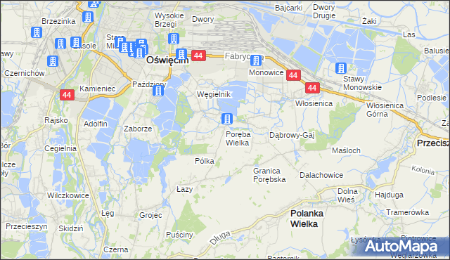 mapa Poręba Wielka gmina Oświęcim, Poręba Wielka gmina Oświęcim na mapie Targeo
