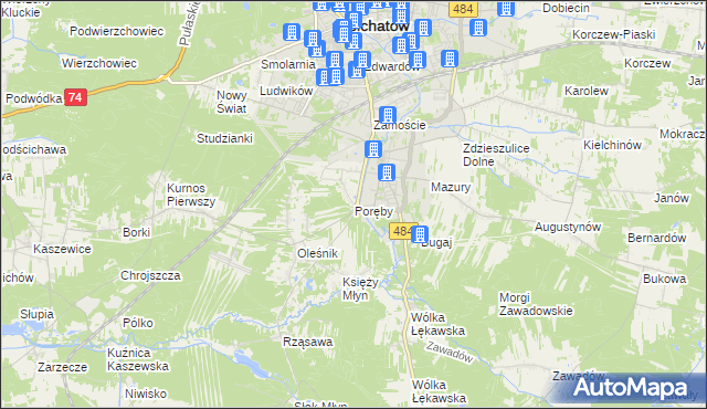 mapa Poręby gmina Bełchatów, Poręby gmina Bełchatów na mapie Targeo