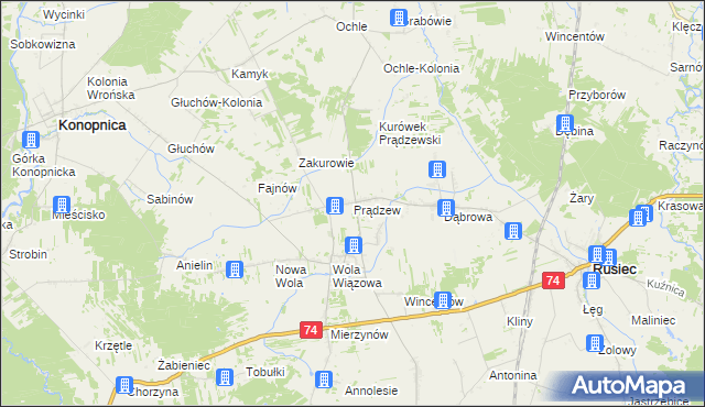 mapa Prądzew gmina Rusiec, Prądzew gmina Rusiec na mapie Targeo