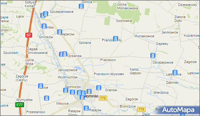 mapa Prandocin gmina Słomniki, Prandocin gmina Słomniki na mapie Targeo