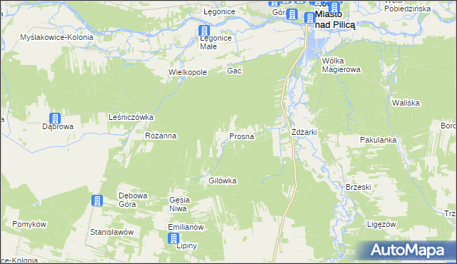 mapa Prosna gmina Nowe Miasto nad Pilicą, Prosna gmina Nowe Miasto nad Pilicą na mapie Targeo