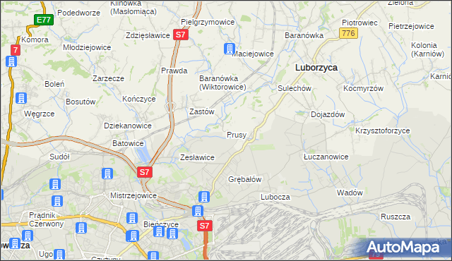 mapa Prusy gmina Kocmyrzów-Luborzyca, Prusy gmina Kocmyrzów-Luborzyca na mapie Targeo