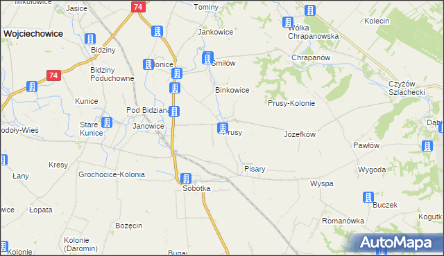 mapa Prusy gmina Ożarów, Prusy gmina Ożarów na mapie Targeo