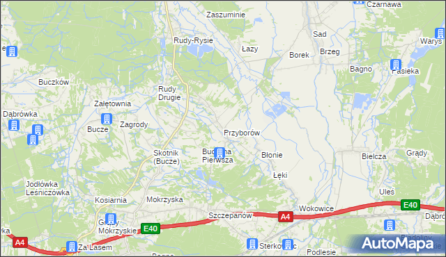 mapa Przyborów gmina Borzęcin, Przyborów gmina Borzęcin na mapie Targeo