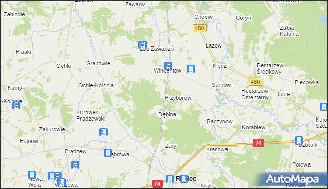 mapa Przyborów gmina Widawa, Przyborów gmina Widawa na mapie Targeo