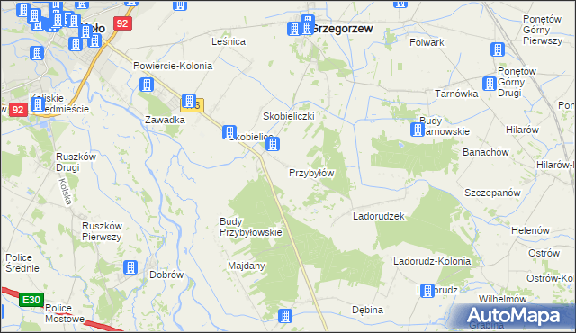 mapa Przybyłów gmina Koło, Przybyłów gmina Koło na mapie Targeo