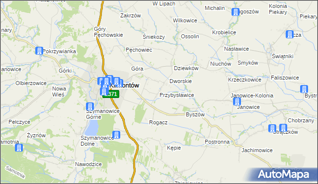 mapa Przybysławice gmina Klimontów, Przybysławice gmina Klimontów na mapie Targeo