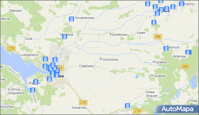 mapa Przybyszów gmina Sława, Przybyszów gmina Sława na mapie Targeo