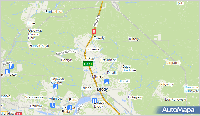 mapa Przymiarki gmina Brody, Przymiarki gmina Brody na mapie Targeo