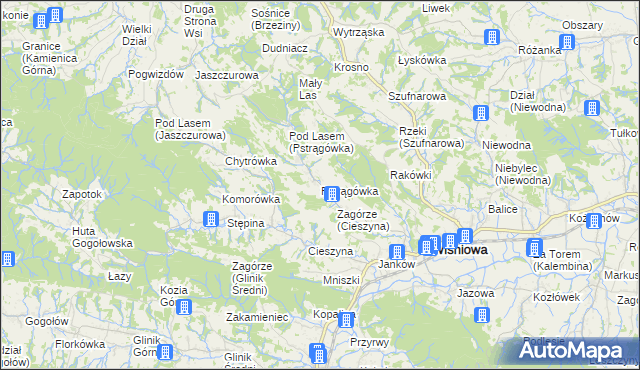 mapa Pstrągówka gmina Wiśniowa, Pstrągówka gmina Wiśniowa na mapie Targeo