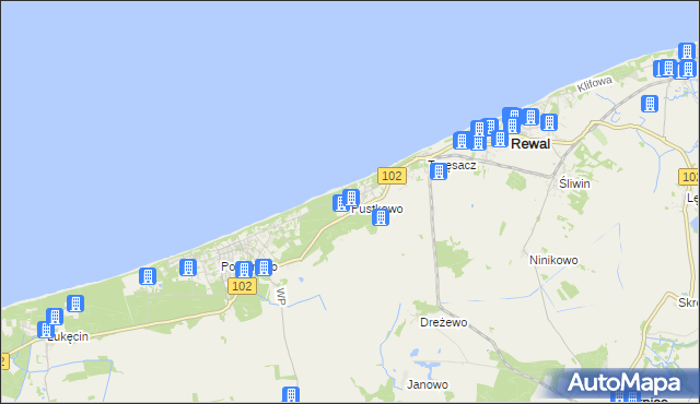mapa Pustkowo gmina Rewal, Pustkowo gmina Rewal na mapie Targeo