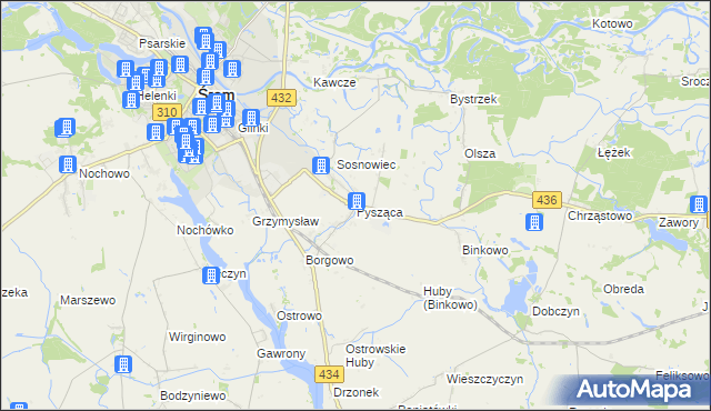 mapa Pysząca gmina Śrem, Pysząca gmina Śrem na mapie Targeo