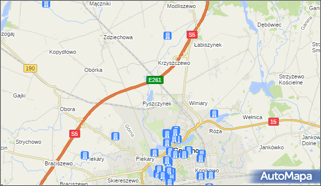 mapa Pyszczyn gmina Gniezno, Pyszczyn gmina Gniezno na mapie Targeo