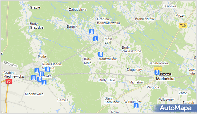 mapa Radziwiłłów gmina Puszcza Mariańska, Radziwiłłów gmina Puszcza Mariańska na mapie Targeo