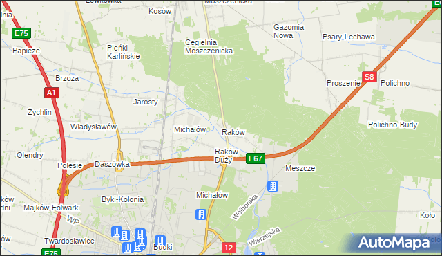 mapa Raków gmina Moszczenica, Raków gmina Moszczenica na mapie Targeo