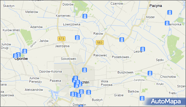 mapa Rakowiec gmina Pacyna, Rakowiec gmina Pacyna na mapie Targeo